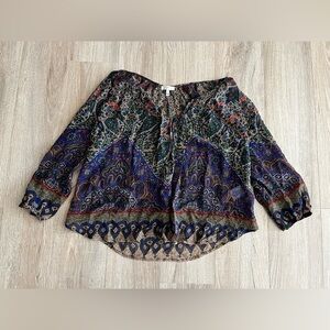 Joie Women’s 3/4 Sleeve Blue/Brown Paisley Floral Silk Sheer Blouse Size Small